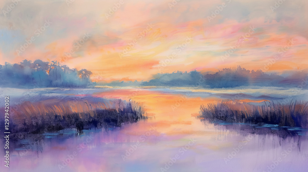 Fototapeta premium Misty Sunset Marsh Watercolor: Tranquil River Scene Painting 