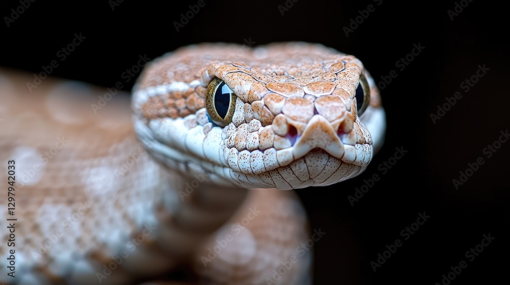 Close-up of a snake's head against black background. Possible use Educational, scientific, or nature photography Close-up of a snake's head against black background. Possible use Educational, scientific, or nature photography