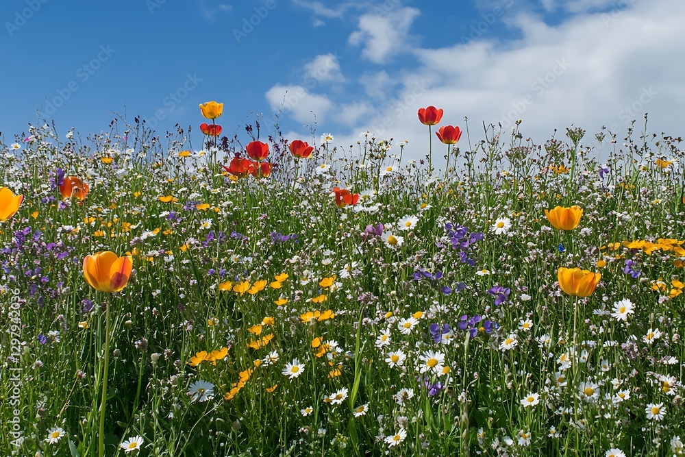 Obraz premium A Vibrant Field of Spring Flowers in Full Bloom Under the Sun.