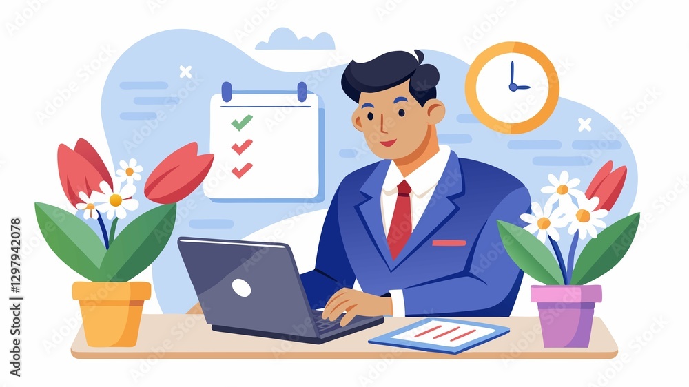 This image portrays a businessman prioritizing time management, meticulously filling out his planner next to an open laptop, amidst the elegant setting of a fresh tulip bouquet. This image portrays a businessman prioritizing time management, meticulously filling out his planner next to an open laptop, amidst the elegant setting of a fresh tulip bouquet.