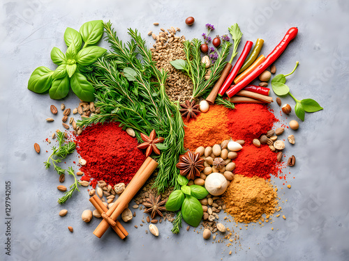 Herbs and spices on grey background. Food and cuisine ingredients.