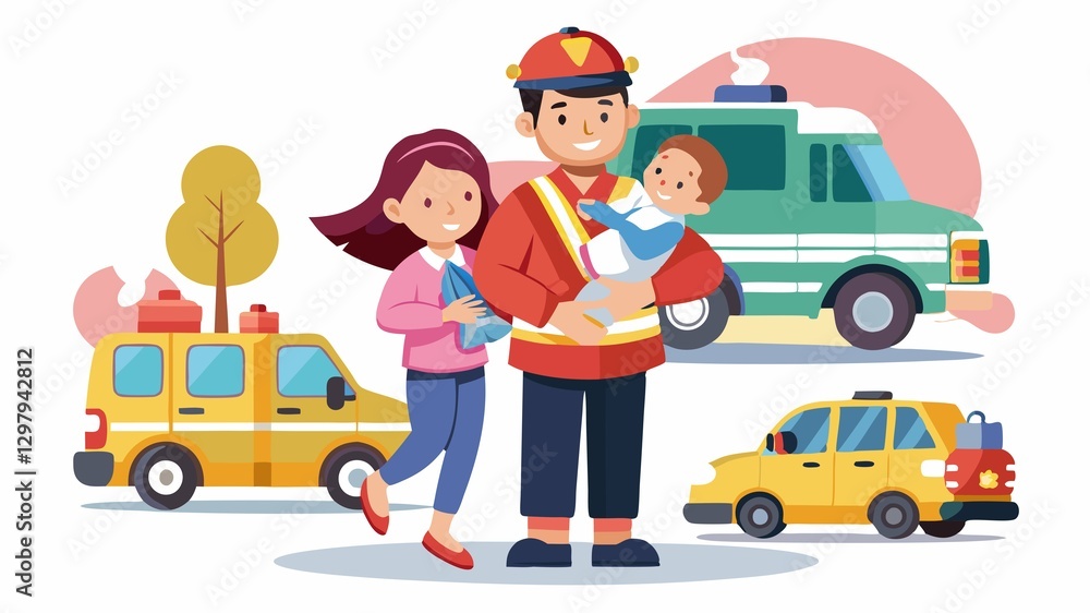 Against the backdrop of a serious car crash and traffic accident, a firefighter's heroic actions are highlighted as they carefully carry an injured young girl to her waiting mother. Against the backdrop of a serious car crash and traffic accident, a firefighter's heroic actions are highlighted as they carefully carry an injured young girl to her waiting mother.