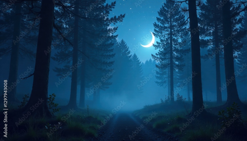 Fototapeta premium Dark, misty forest with white stars and crescent moon shining through trees, forest, night, mist