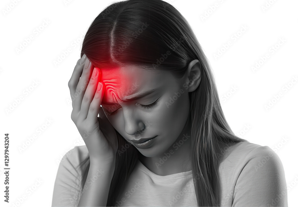 Woman experiencing severe headache in a monochrome setting with a highlighted forehead area Woman experiencing severe headache in a monochrome setting with a highlighted forehead area