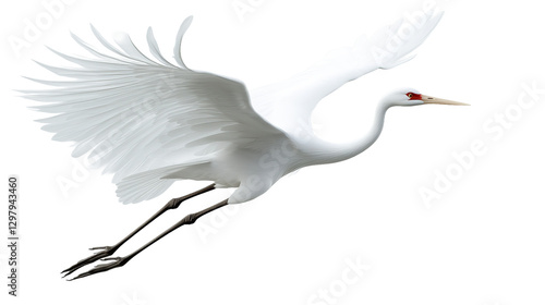 A majestic whooping crane in graceful flight, soaring through the air with powerful wings, against a bright, clean background.