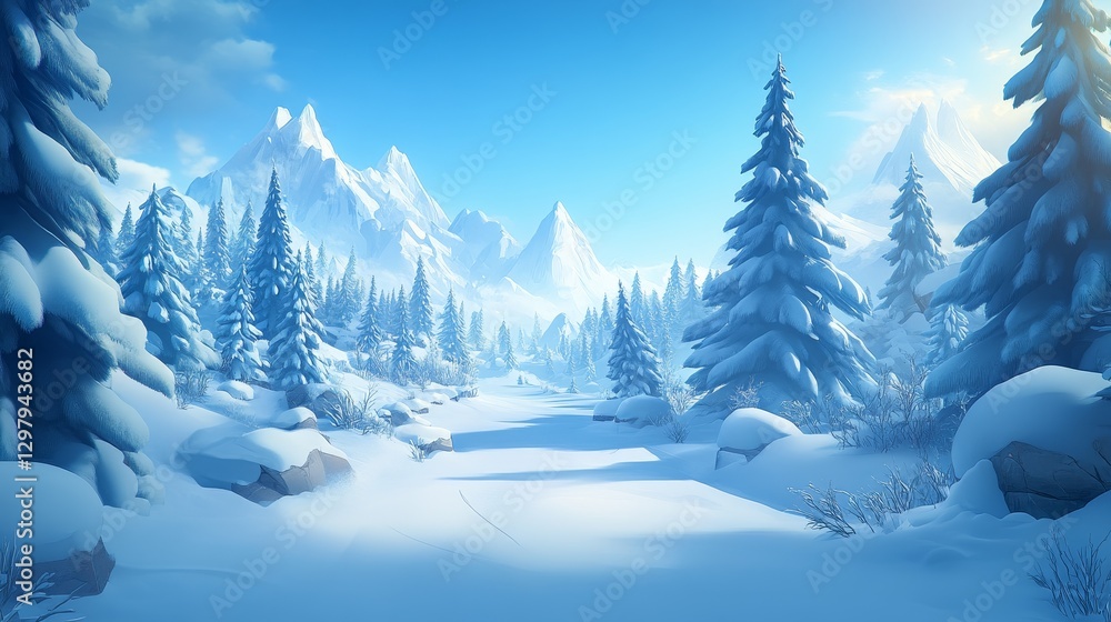 Fototapeta premium Serene winter landscape with snow covered mountains and pine trees in peaceful arctic scenery under a clear blue frosty sky