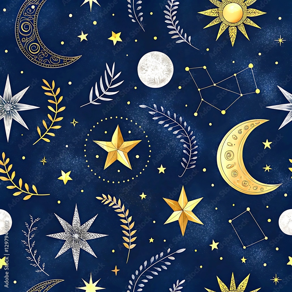 Elegant celestial seamless pattern gold stars moon night sky design art sun blue dark space white Elegant celestial seamless pattern gold stars moon night sky design art sun blue dark space white