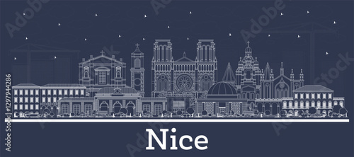 Outline Nice France City Skyline with white Buildings. Business Travel and Concept with Historic Architecture. Nice Cityscape with Landmarks.