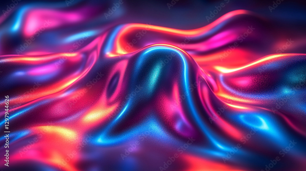An abstract, bold, and colorful holographic background featuring a liquid blob shape. The iridescent melted substance creates a striking contrast against the black backdrop with chrome-like drops
