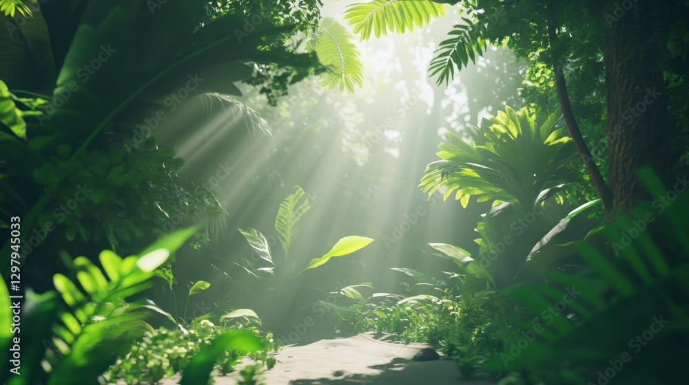 Fototapeta premium A serene jungle scene with sunlight filtering through lush green foliage.