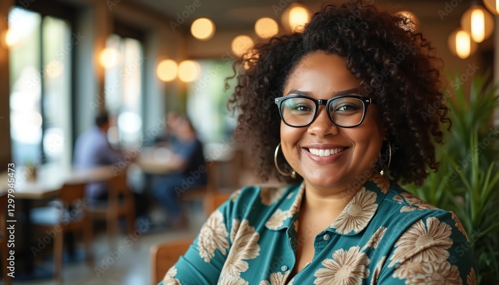 Obraz premium Confident plus-size African American woman smiles. Pro employee in glasses, flower print blouse. Modern corporate workplace diversity, inclusion. Authentic, approachable, cheerful, positive, real