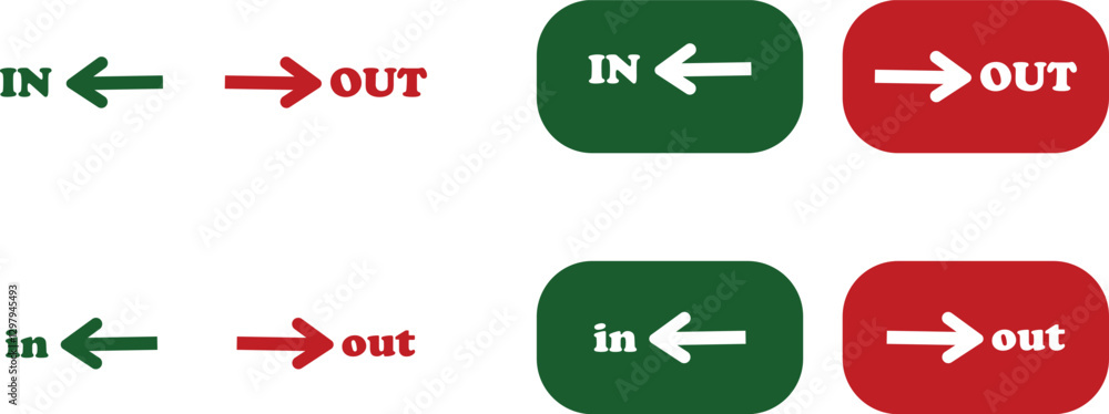 IN OUT arrow icons set. Simple arrow big vector collection isolated on transparent background. Red or green street sign with flat arrow pointing right and left signboard on road for pointing direction