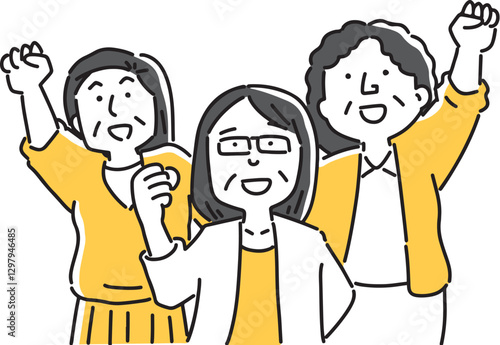 ガッツポーズをとる3人の中年女性