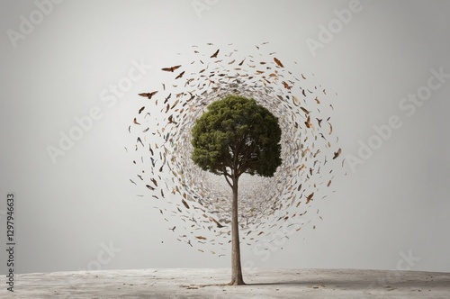 Tree amid swirling leaves and flying birds photo