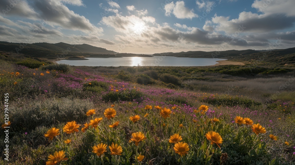 Fototapeta premium Vibrant Wildflowers by Scenic Lake in Spring Sunshine