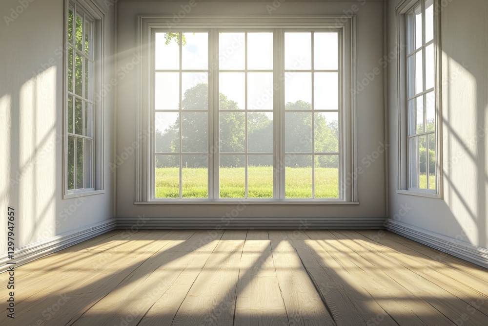 Fototapeta premium Bright and Airy Empty Room with Large Windows and Natural Light