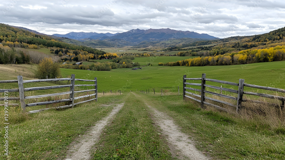Rural autumn valley road, mountain view, farm Rural autumn valley road, mountain view, farm