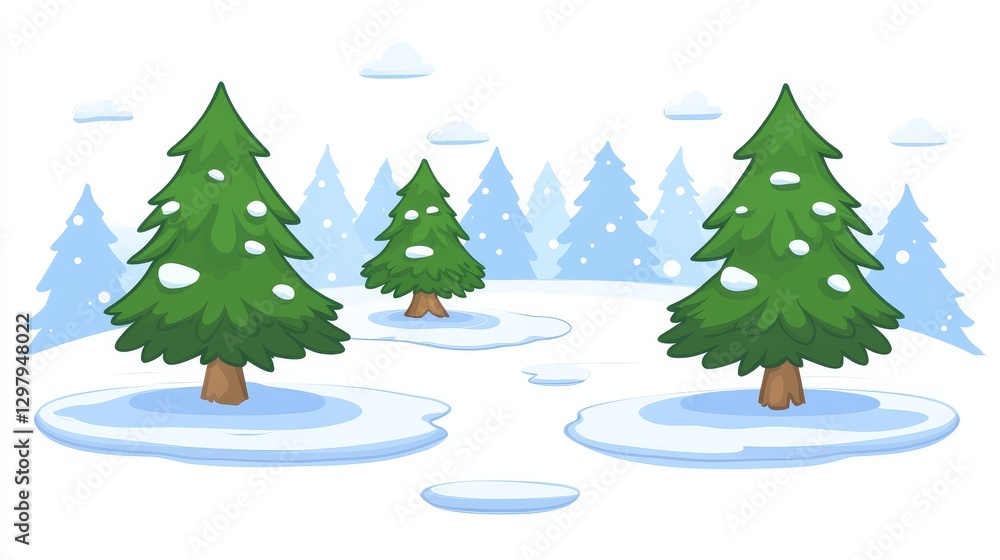 Obraz premium Pixelated winter wonderland backdrop featuring snowy trees and subtle animated snowfall creating a retro game aesthetic landscape