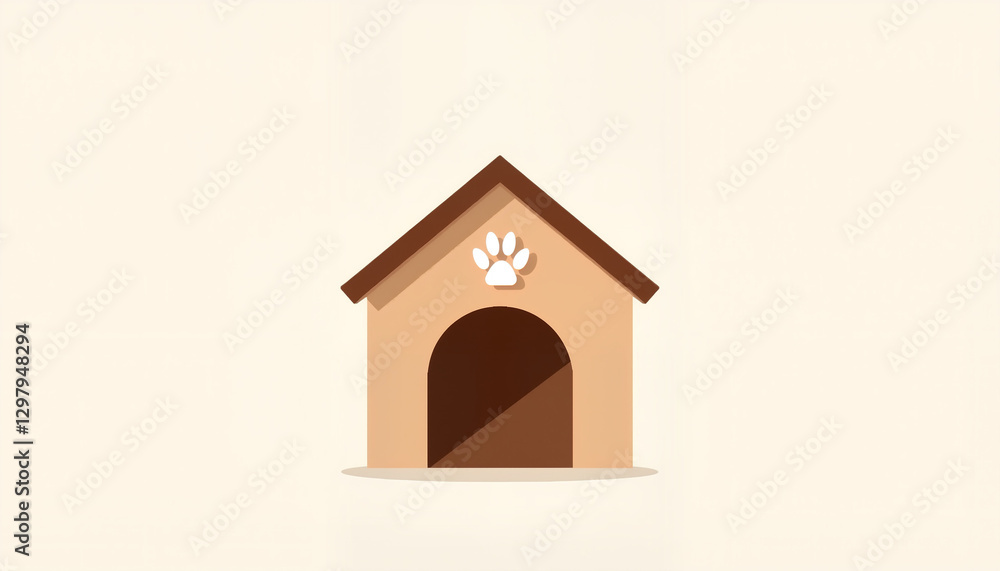 Minimalist doghouse with paw print on beige background