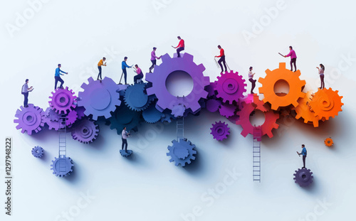Business Teamwork Concept: Flat Style Abstract Vector Illustration of Diverse Team Building Work Process with Gears