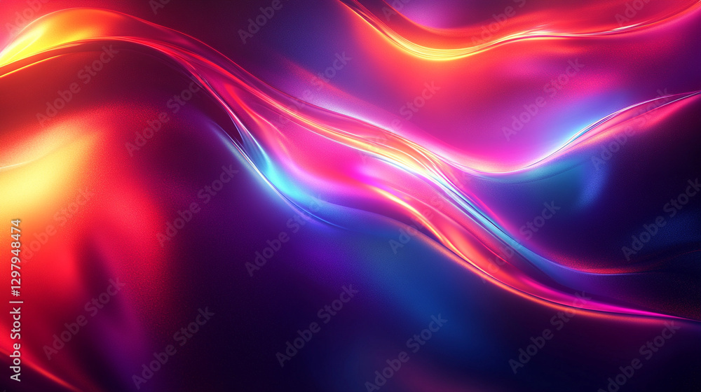 An abstract, bold, and colorful holographic background featuring a liquid blob shape. The iridescent melted substance creates a striking contrast against the black backdrop with chrome-like drops