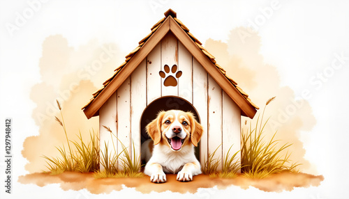 Watercolor illustration of a happy dog in a wooden doghouse