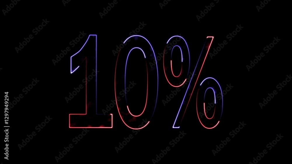 glowing neon 10% text animation by on black background.