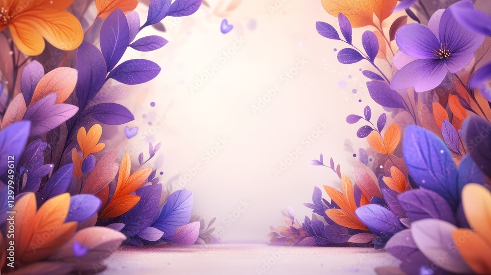 Obraz premium Enchanting Floral Arrangement for Invitations and Backgrounds Purple and Gold hued blooms surrounding a bright space for graphic design needs