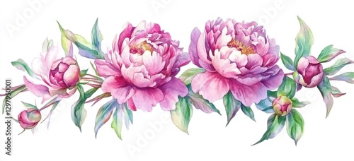 Fototapeta Naklejka Na Ścianę i Meble -  Watercolor painting of pink peonies and buds.