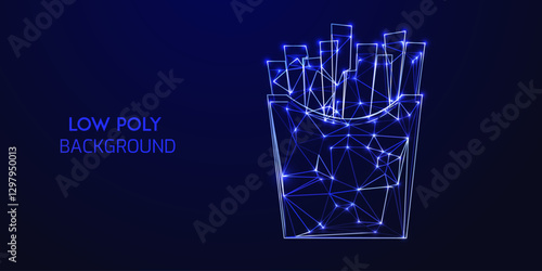 Futuristic Low Poly Digital Wireframe Illustration of French Fries in a Container with Neon Blue Glowing Polygonal Connections on a Dark Abstract Background