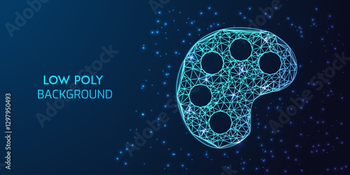 Futuristic Low Poly Digital Wireframe Illustration of French Fries in a Container with Neon Blue Glowing Polygonal Connections on a Dark Abstract Background