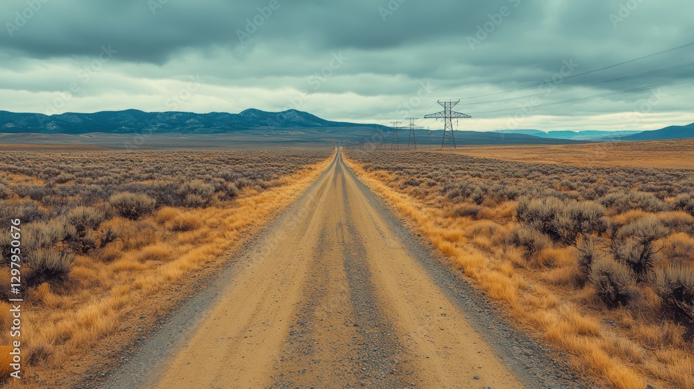 Naklejka premium Lonely desert road vanishing into horizon under stormy sky.