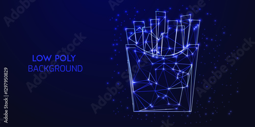 Futuristic Low Poly Digital Wireframe Illustration of French Fries in a Container with Neon Blue Glowing Polygonal Connections on a Dark Abstract Background