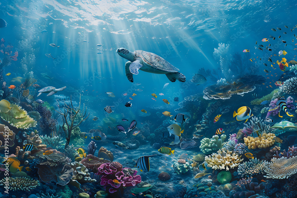 Fototapeta premium Tranquil Underwater World - An Enchanting Glimpse of Marine Life and Vibrant Coral Reefs Beneath the Ocean's Surface
