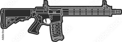 Silhouette with cutout contours of an AR 15 assault rifle in black with mechanical sights.
