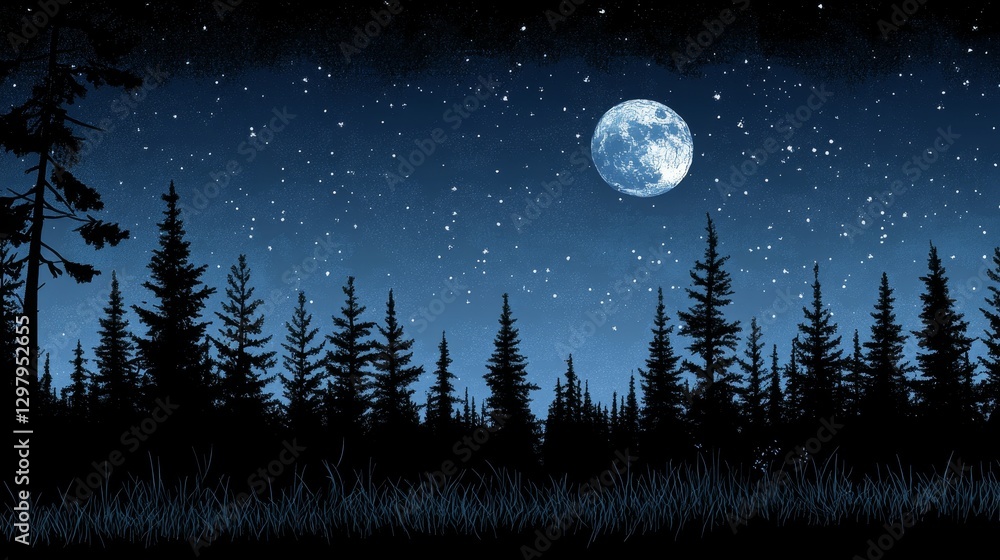 Naklejka premium Serene moonlit wilderness panorama ethereal nightscape twinkling stars above evergreen silhouettes peaceful woodland scene beauty