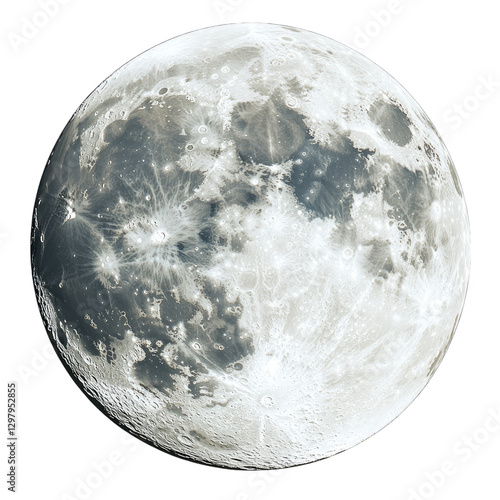 An ultra-realistic digital illustration of the full moon, isolated on a transparent background.