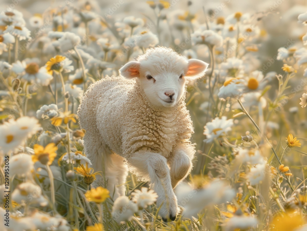 Fototapeta premium Lamb leaps meadow sunrise daisies spring postcard