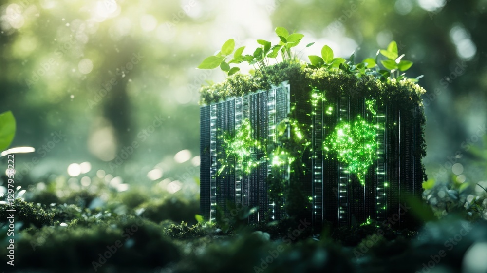 Illustration of a server blades cube with green nature over it representing the possibility of green ecological technology Illustration of a server blades cube with green nature over it representing the possibility of green ecological technology