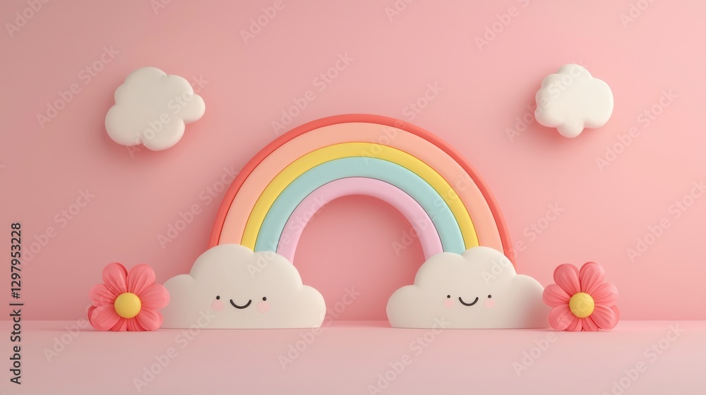 A colorful rainbow with smiling clouds and flowers on a soft pink background, perfect for cheerful designs. A colorful rainbow with smiling clouds and flowers on a soft pink background, perfect for cheerful designs.