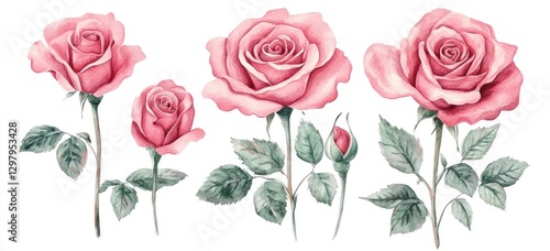 Watercolor painting of pink roses with buds and leaves, isolated on white.
