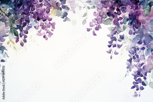 Watercolor painting of purple wisteria flowers and leaves on white background.