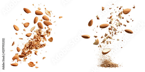 Falling almond pieces and crushed nuts create dynamic visual effect