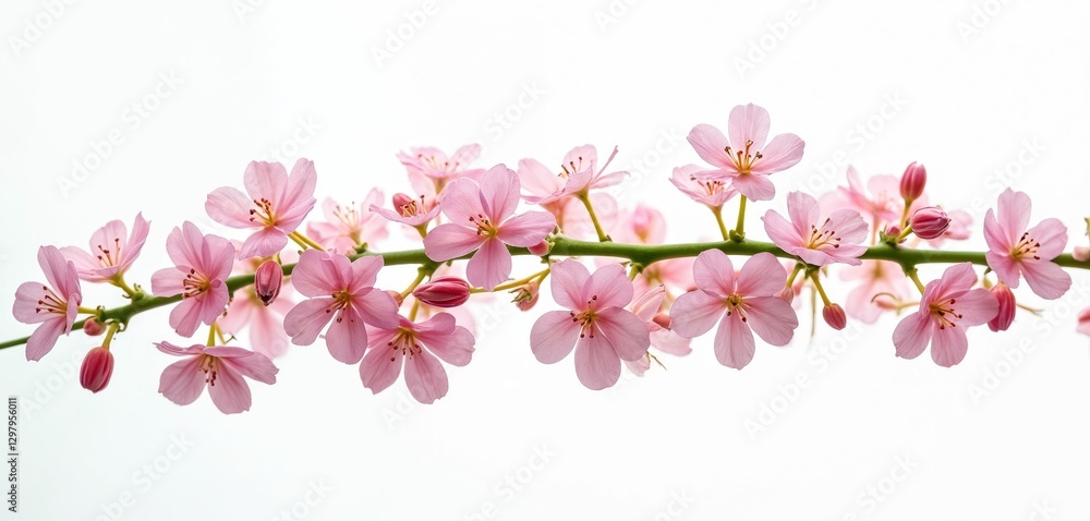 Isolated twig of blooming pink limonium flowers on white background. Sprig of waved beauty flora, blossom petal bloom for posters, cards, banners designs. Fresh single summer blooming for decoration. Isolated twig of blooming pink limonium flowers on white background. Sprig of waved beauty flora, blossom petal bloom for posters, cards, banners designs. Fresh single summer blooming for decoration.