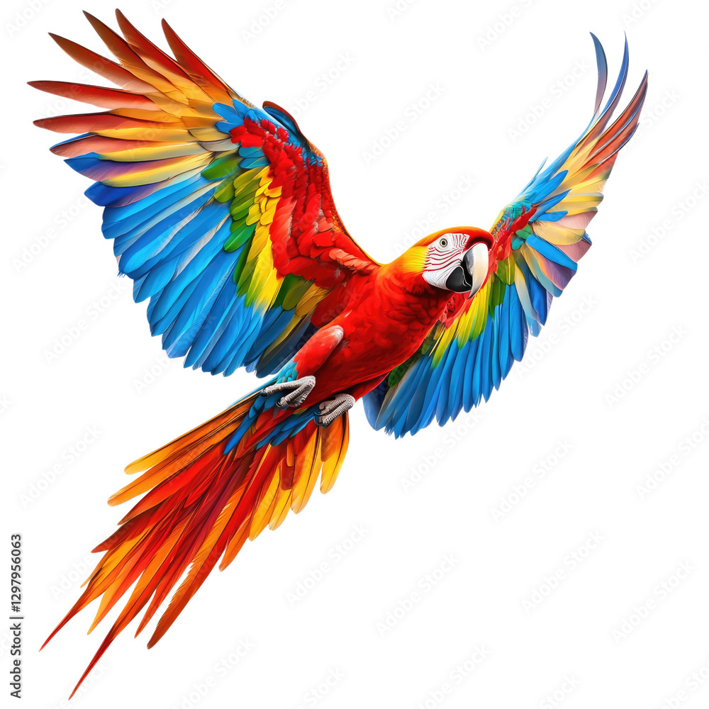 Fototapeta premium Colorful macaw parrot flying, isolated on a transparent background.