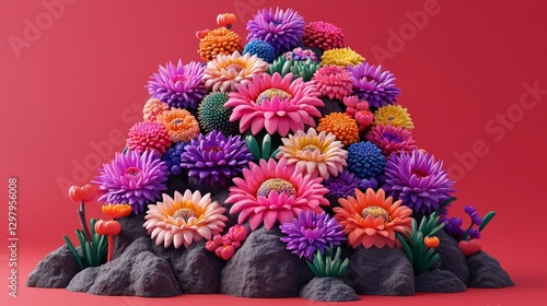 Wallpaper Mural Vibrant floral display with textured stone base against a bold backdrop adds depth and evokes a sense of artistic celebration Torontodigital.ca