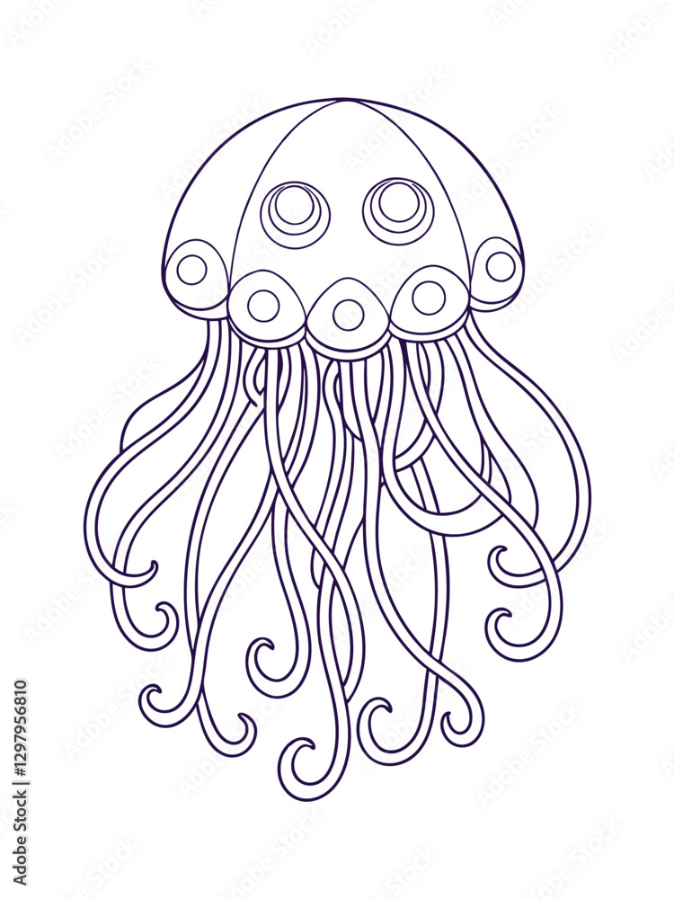 Floating Jellyfish with Decorative Tendrils – Ocean-Themed Adult Coloring Page on White Background Floating Jellyfish with Decorative Tendrils – Ocean-Themed Adult Coloring Page on White Background