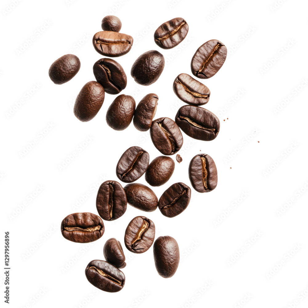 Falling coffee beans isolated on transparency background, showcasing rich textures and colors Falling coffee beans isolated on transparency background, showcasing rich textures and colors
