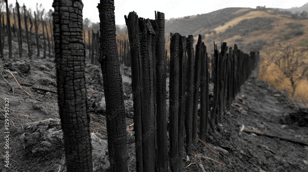 Burned Tree Stumps in Post-Wildfire Landscape with Gray Sky Burned Tree Stumps in Post-Wildfire Landscape with Gray Sky