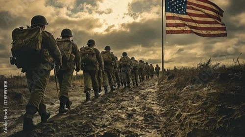 Soldiers march through muddy path toward American flag under dramatic sky during wartime